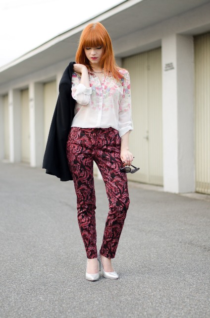 With watercolored blouse, white shoes and black blazer