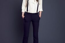 With white blouse and black pumps