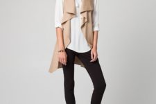 With white blouse, leggings and brown suede boots