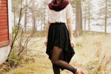 With white blouse, marsala scarf, black tights and brown leather boots