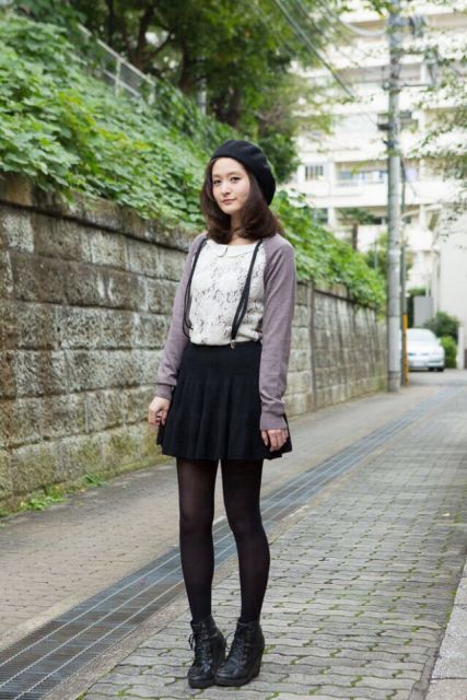With white lace blouse, black tights, black boots, cardigan and black beret