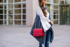 With white lace blouse, distressed jeans, pumps and red chain strap bag