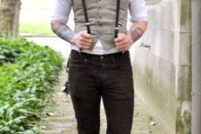 With white shirt, bow tie, dark gray pants, shoes and flat cap