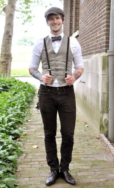 With white shirt, bow tie, dark gray pants, shoes and flat cap