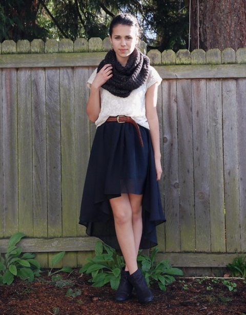 With white shirt, brown belt, ankle boots and infinity scarf