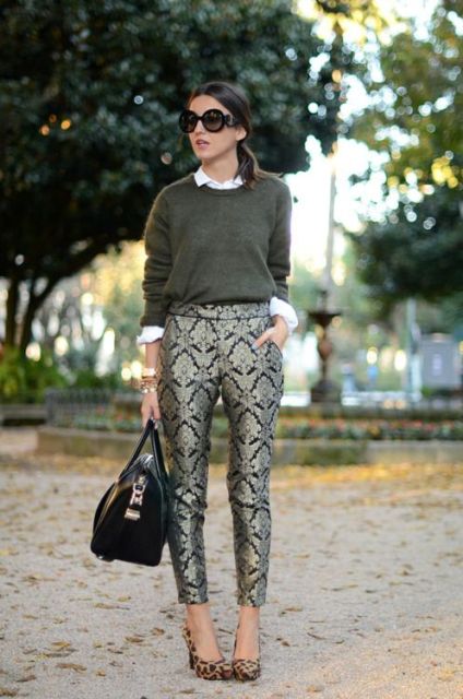 With white shirt, olive green shirt, leopard shoes and black bag