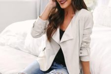 02 a creamy suede jacket, ripped denim and a black top for a relaxed look