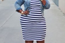 03 a striped knee dress, a denim jacket and nude shoes plus statement accessories