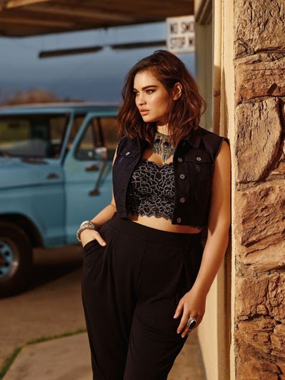 a club look with black pants, a gorgeous embroidered and embellished crop top, a statement necklace and a denim cropped vest