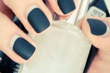 07 dark teal matte nails with silver half moons for a modern and bold look