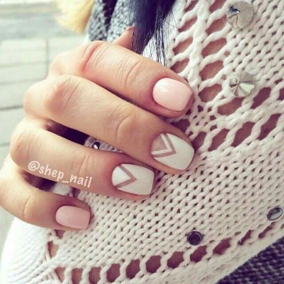 blush nails plus two geometric ones with a negative space for a casual feel