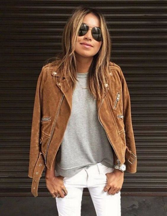 white skinnies, a grey top and a brown suede jacket for a cool and unusual look
