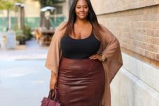 10 a black top, a brown leather midi pencil skirt, a tan coverup, metallic shoes and a plum bag for a wow effect