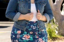 10 a blue floral pencil skirt, a white top, a denim jacket for a chic spring look