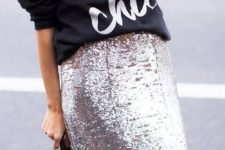 party-like outfit with a sequin skirt