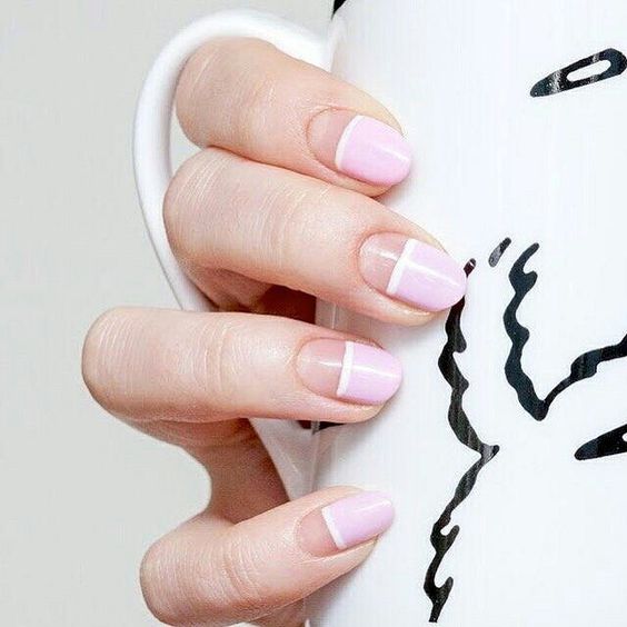 Picture Of Half Negative Space Half Light Pink Nails With White Stripes For A Romantic Person