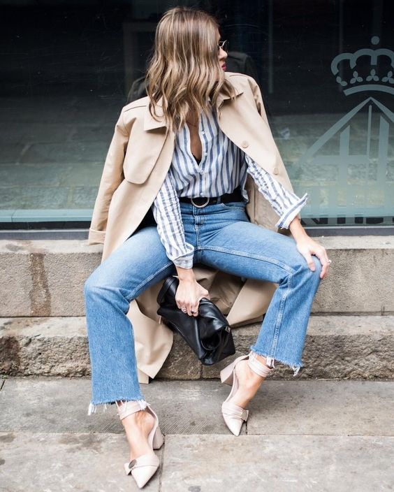 nude strap shoes, blue raw edge jeans, a striped shirt and a tan trend show off all the trends