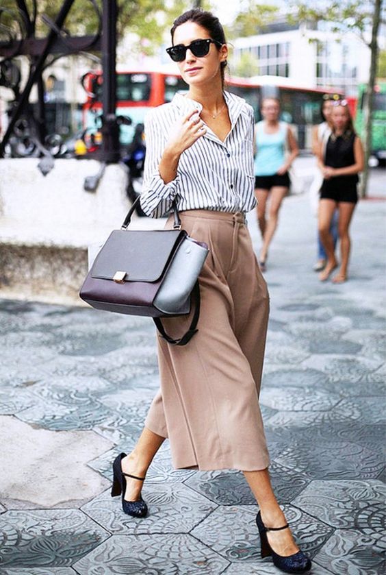 blush culottes, a striped shirt, black vintage inspired shoes and a color block bag