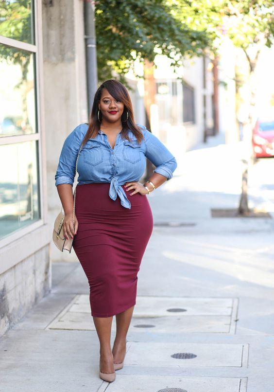 a burgundy midi pencil skirt, a chambray shirt, tan shoes and a tan bag for a casual look