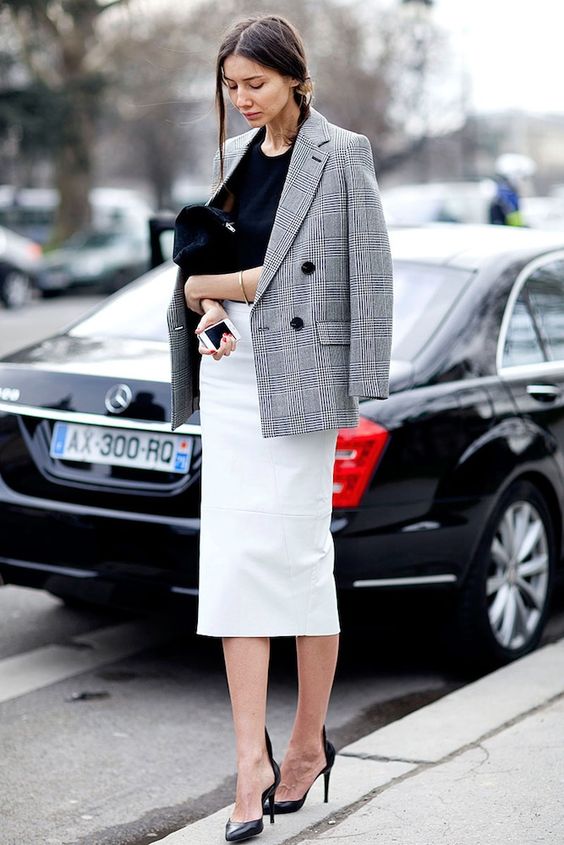 a black top, a creamy midi pencil skirt, black shoes and a grey plaid blazer for a work outfit