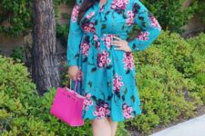 15 a turquoise plus size knee dress with long sleeves and a bow, turquoise bow flats and a pink bag