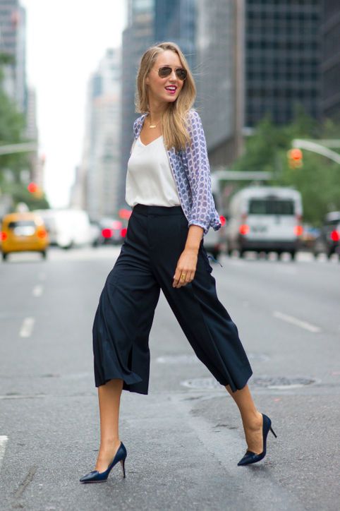 navy culottes, navy heels, a white top and a blue printed shirt over it