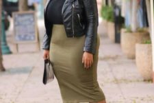 a black top, an olive green pencil skirt, blakc booties, a statement necklace and a leather jacket
