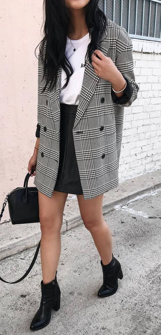 a white tee, a grey plaid blazer, a black leather mini skirt and black leather boots for a sexy look