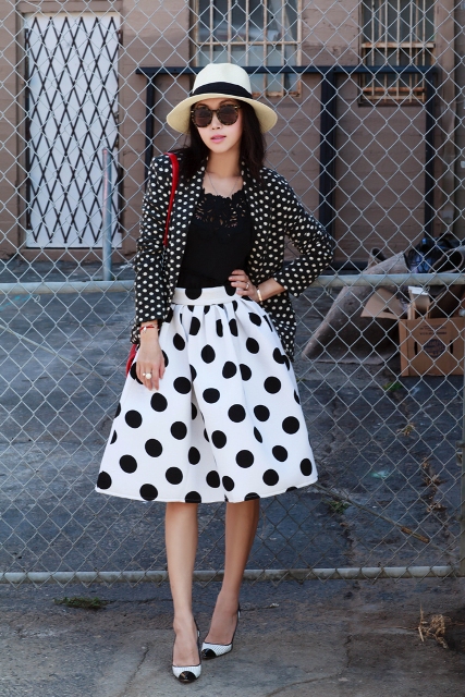 spring look with polka dot skirt
