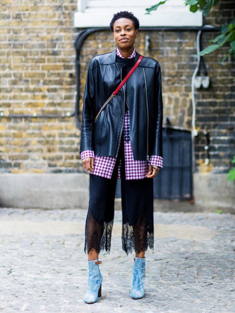 With checked shirt, black leather jacket, red bag and ankle boots