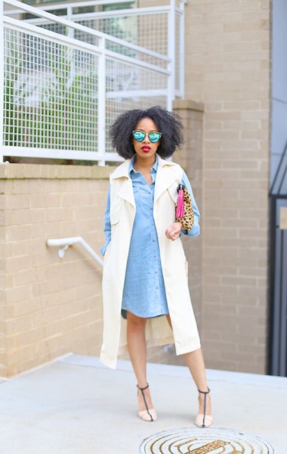 With denim dress, clutch and beige and black shoes