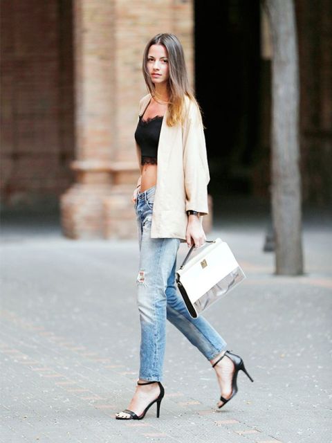 With jeans, beige blazer, black heels and white bag