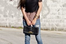 With jeans, black shoes, black bag and polka dot shirt