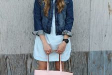 With light blue dress, denim jacket, pale pink tote and sneakers