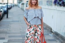 With light blue off the shoulder blouse, beige mules and red tote