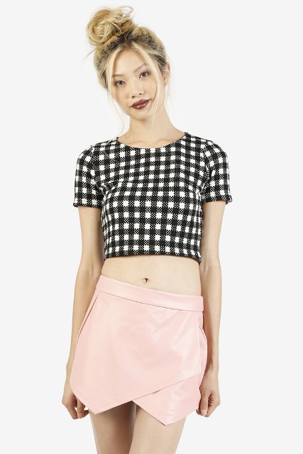 With pale pink leather skirt