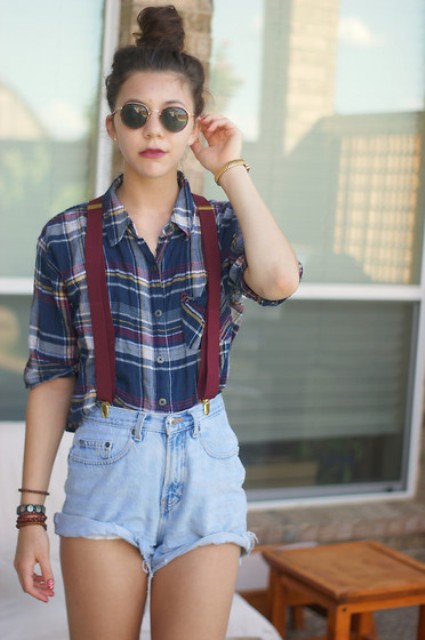 With plaid shirt and sunglasses