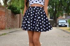 With skater skirt and black shoes
