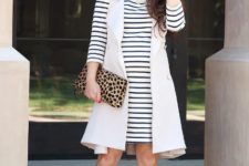 With striped dress, leopard clutch and pink pumps