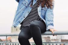 With striped loose shirt, skinny pants, white sneakers and oversized denim jacket