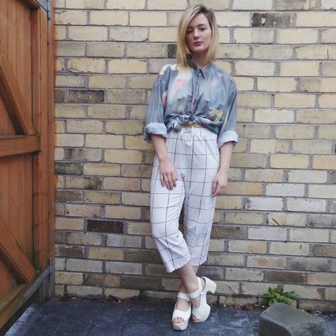 With watercolor shirt and white platform sandals