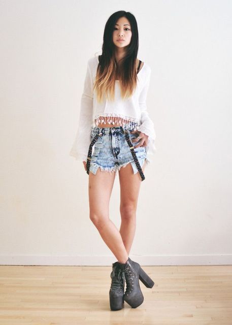 With white crop blouse and gray platform ankle boots