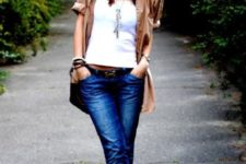With white top, cuffed jeans, platform sandals and light brown shirt