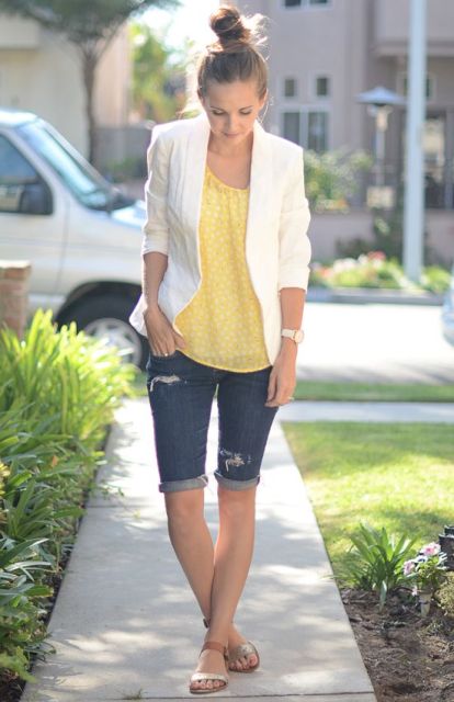 With yellow blouse, white blazer and flat sandals