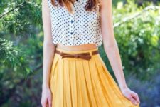 With yellow skirt, brown belt and hat