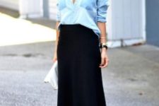 02 a black midi skirt, a chambray shirt, black lace up shoes for a casual yet girlish look
