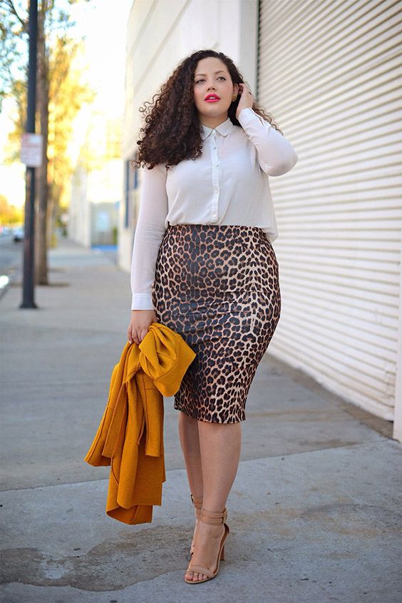 a leopard print pencil skirt, a white blouse, nude shoes and a yellow jacket for a bold spring look