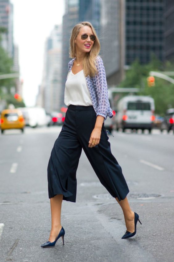 navy culottes, blue shoes, a white top and a printed blue shirt on top