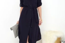 04 a navy midi shirtdress, grey suede lace up heels and a matching clutch for work