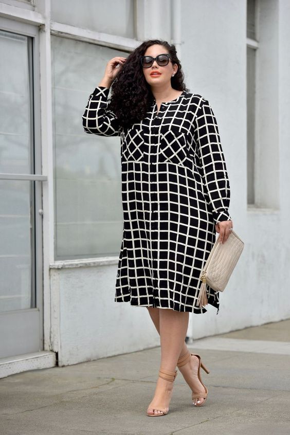 a black and white windowpane dress, nude shoes and a matching clutch are ideal for work